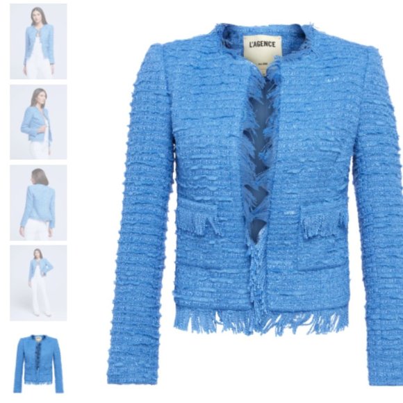 L'Agence Angelina Tweed Fringe Blazer in Riviera Blue in Size 8 Strong Shoulders - Picture 5 of 13